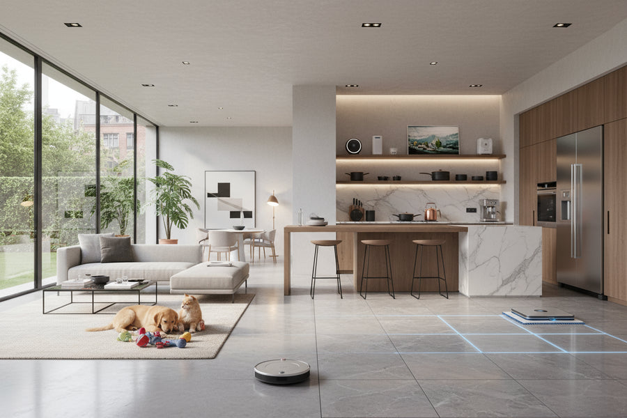 The collection of the high quality home and kitchen products located in the interior modern house , including pets playing with their toys and a lot of the robotic home wares are running around.
